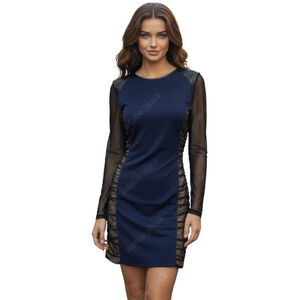 MONaMOUR Bodycon Dress L Blue Mesh Sleeve Lambskin Leather Mini Club Party NWT